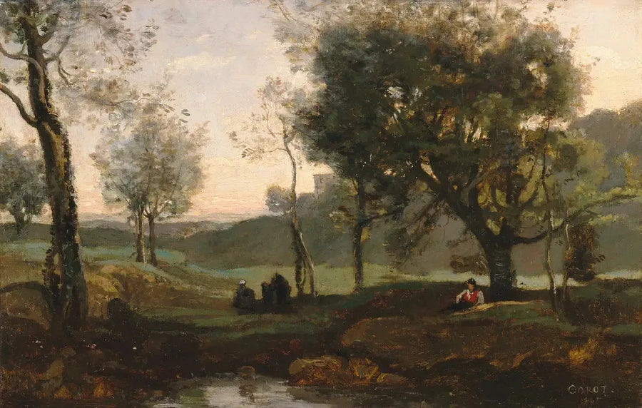 Solnedgang: personer under trærne - Jean-Baptiste Camille Corot