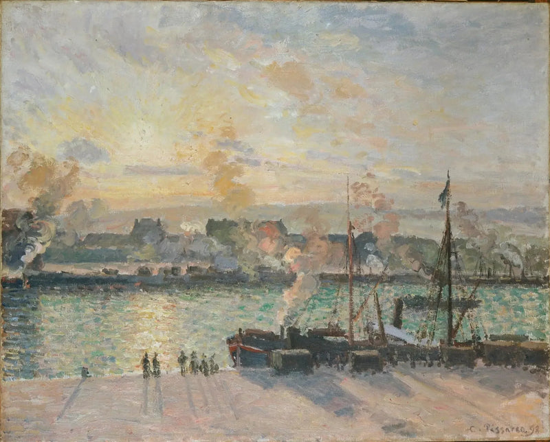 Solnedgang, havnen i Rouen (dampskip) - Camille Pissarro