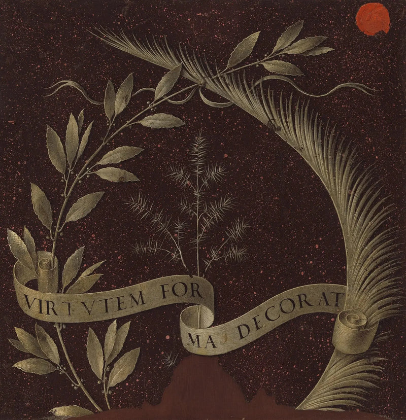 Krans av laurbær, palme og einer med et pergament som bærer inskripsjonen Virtutem Forma Decorat [revers] - Leonardo da Vinci