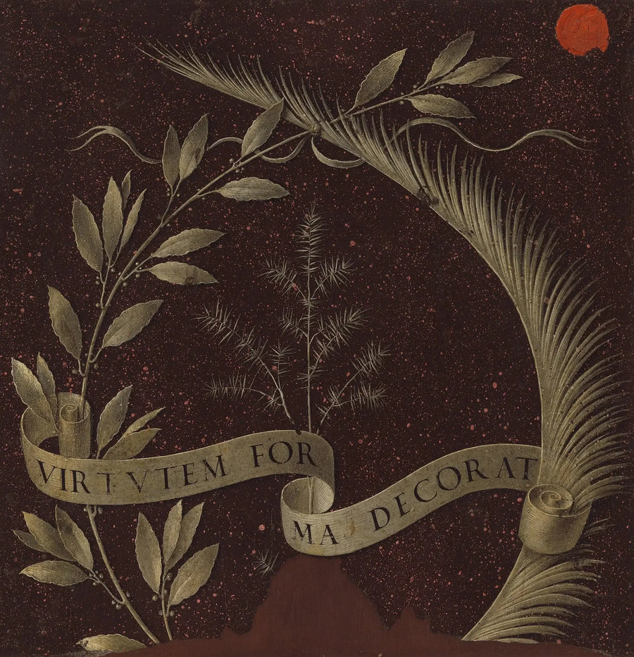 Krans av laurbær, palme og einer med et pergament som bærer inskripsjonen Virtutem Forma Decorat [revers] - Leonardo da Vinci