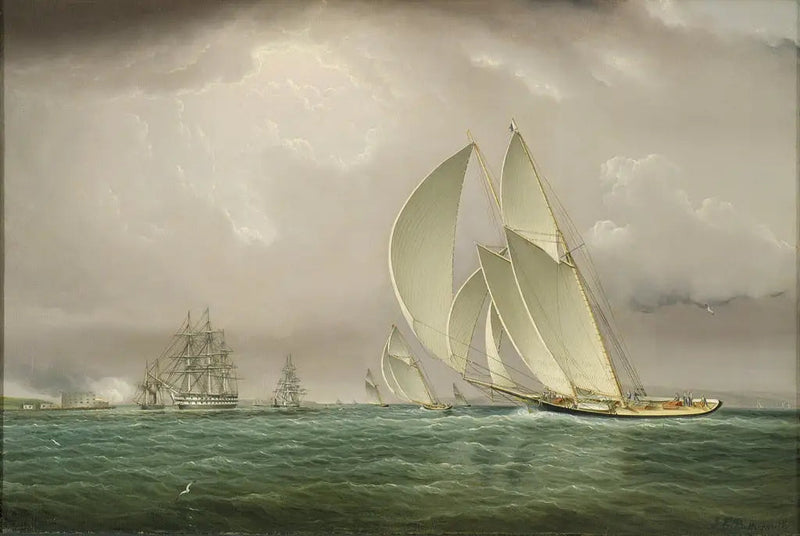 Yachtregatta i New York havn med sjøforsvarshilsen ved William Castle på Gouverneur Island - James E. Buttersworth