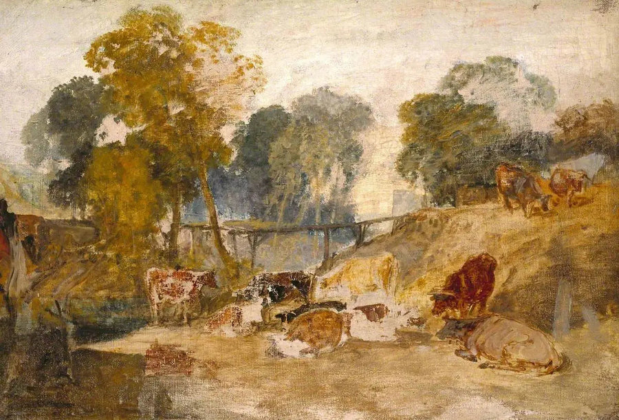 Kuene i et landskap med en fotbro - J. M. W. Turner