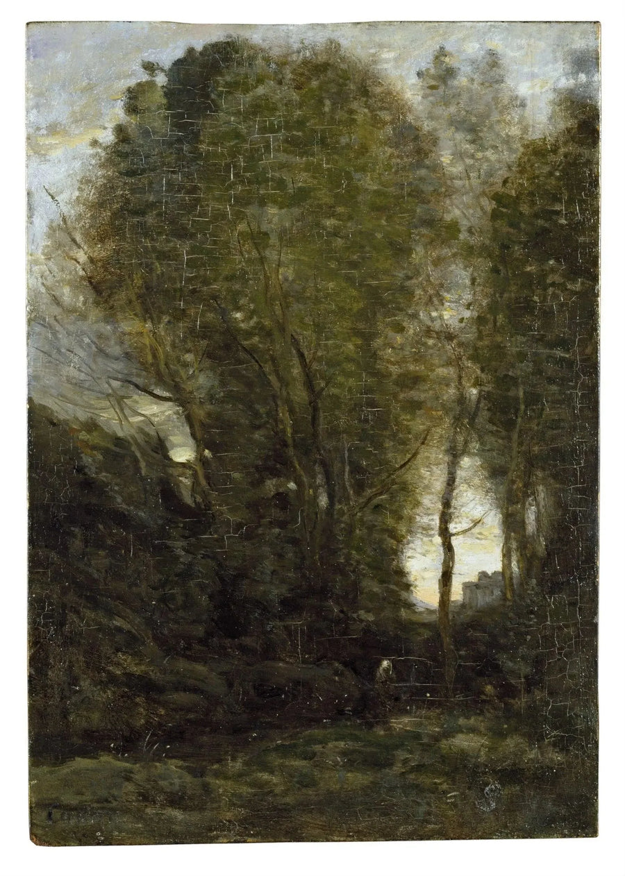 Skumring: Landskap med store trær og en kvinnelig skikkelse - Jean-Baptiste Camille Corot