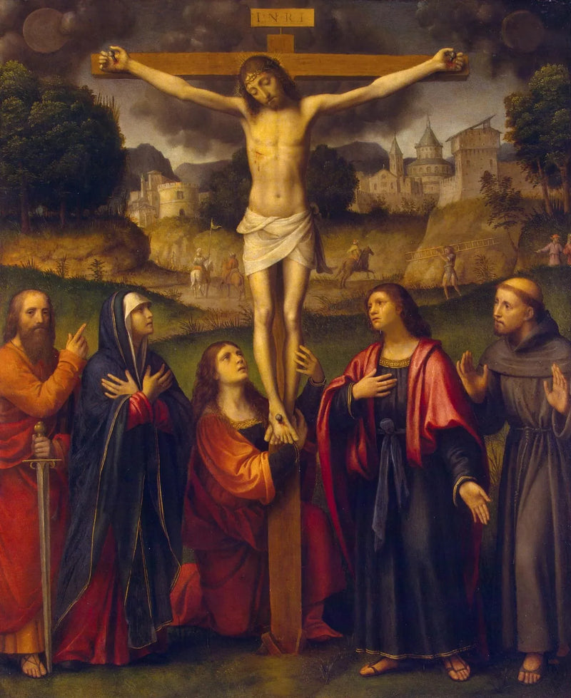 Korsfestelsen med Jomfruen og helgenene Paulus, Maria Magdalena, Johannes og Frans - Bernardino Luini