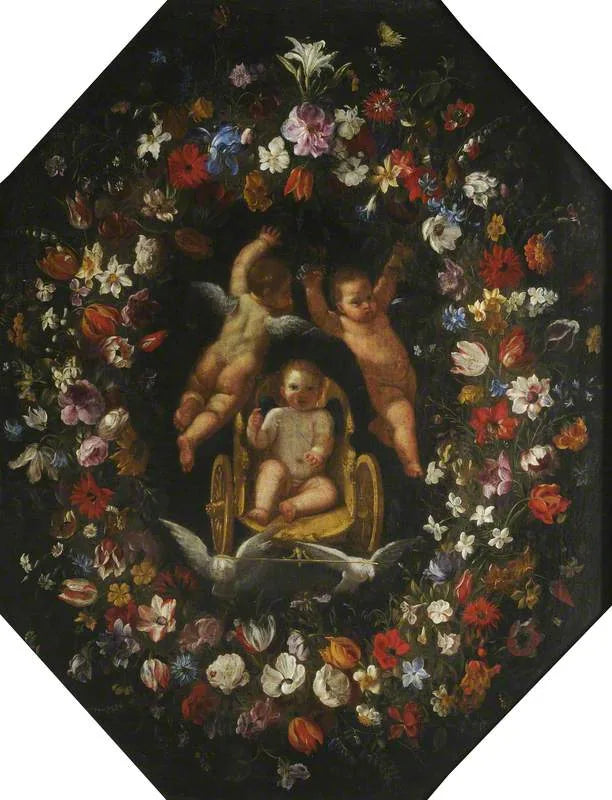 Kupid i en vogn, omgitt av en blomsterkrone - Domenichino