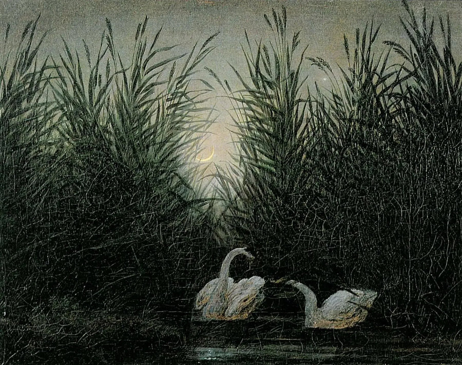 Svaner i sivet ved daggryets første lys - Caspar David Friedrich