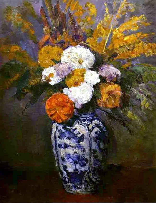 Dahliaser i en stor Delft-vas - Paul Cézanne