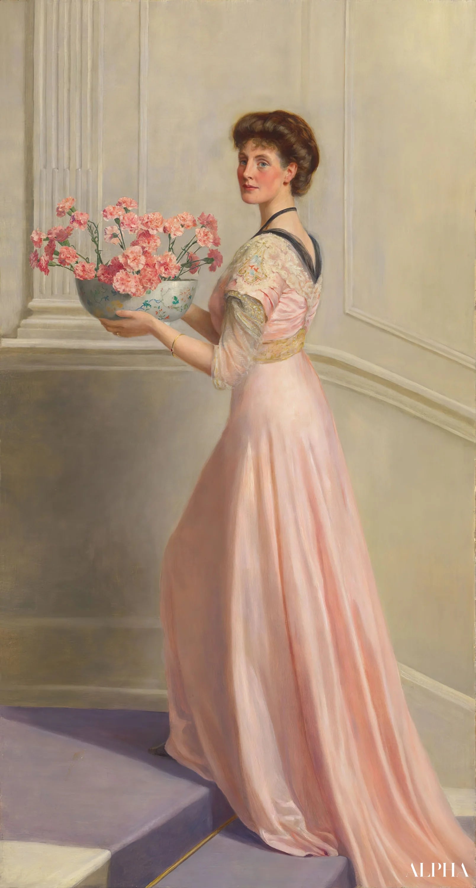 Reproduction du tableau « Dame au bol d'œillets roses - John Collier » par Alpha Reproduction en peinture à l’huile
