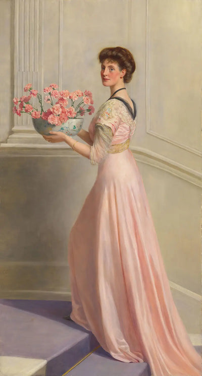 Reproduction du tableau « Dame au bol d'œillets roses - John Collier » par Alpha Reproduction en peinture à l’huile