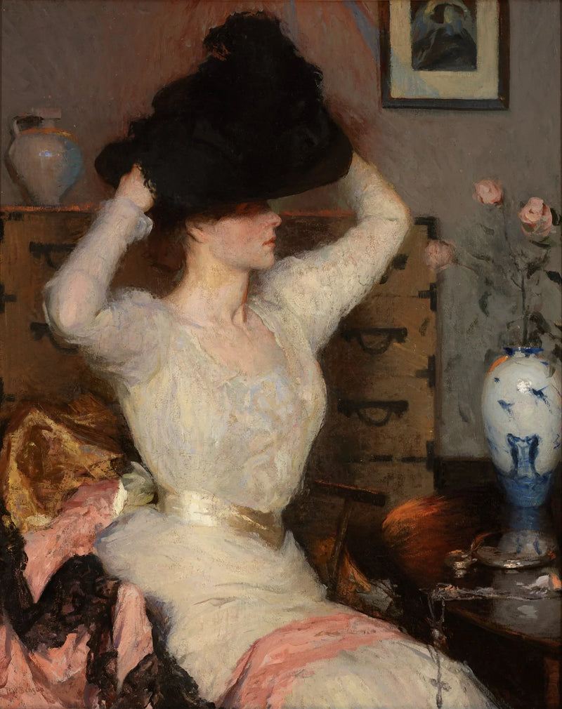 Kvinne som prøver en hatt (Den svarte hatten) - Frank Weston Benson