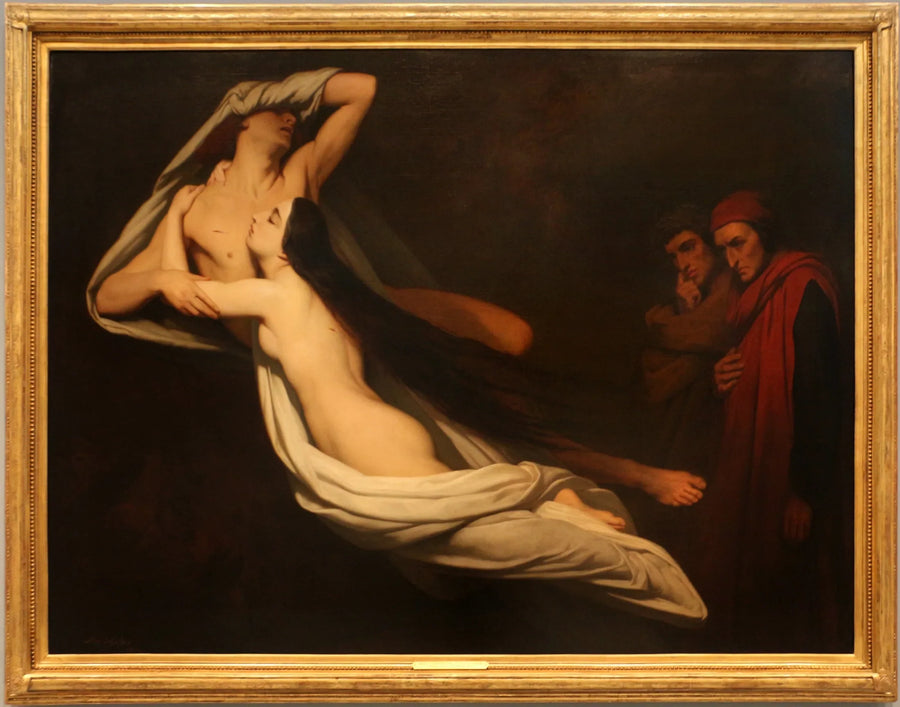 Dante og Virgilio møter skygger av Francesca da Rimini og Paolo Malatesta i Helvete - Ary Scheffer