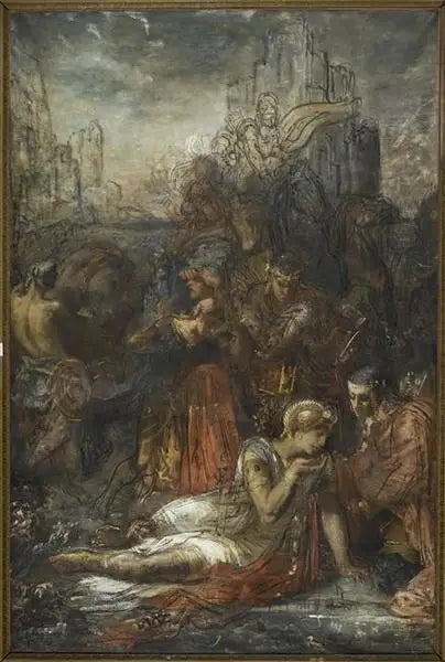 Darius, flyktende etter slaget ved Arbelles, stopper, utmattet av tretthet, for å drikke i en dam - Gustave Moreau