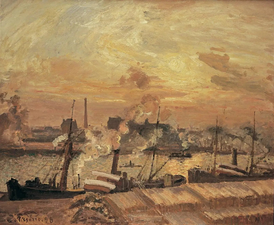 Tømmerlossing, Boursekaien, solnedgang - Camille Pissarro