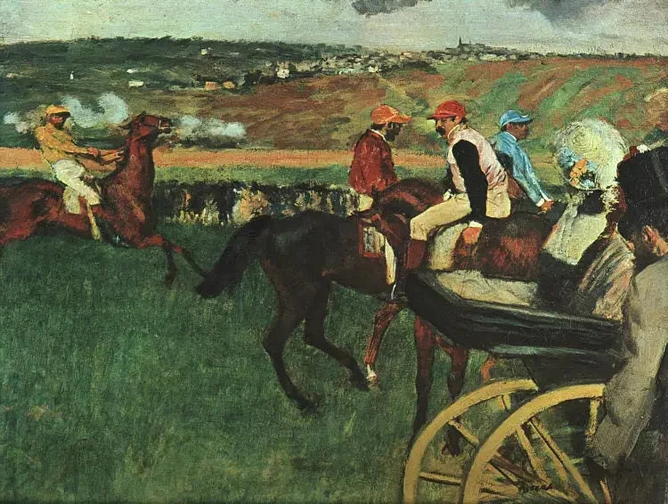 Hesteveddeløp. Amatørjockeyer nær en bil - Edgar Degas