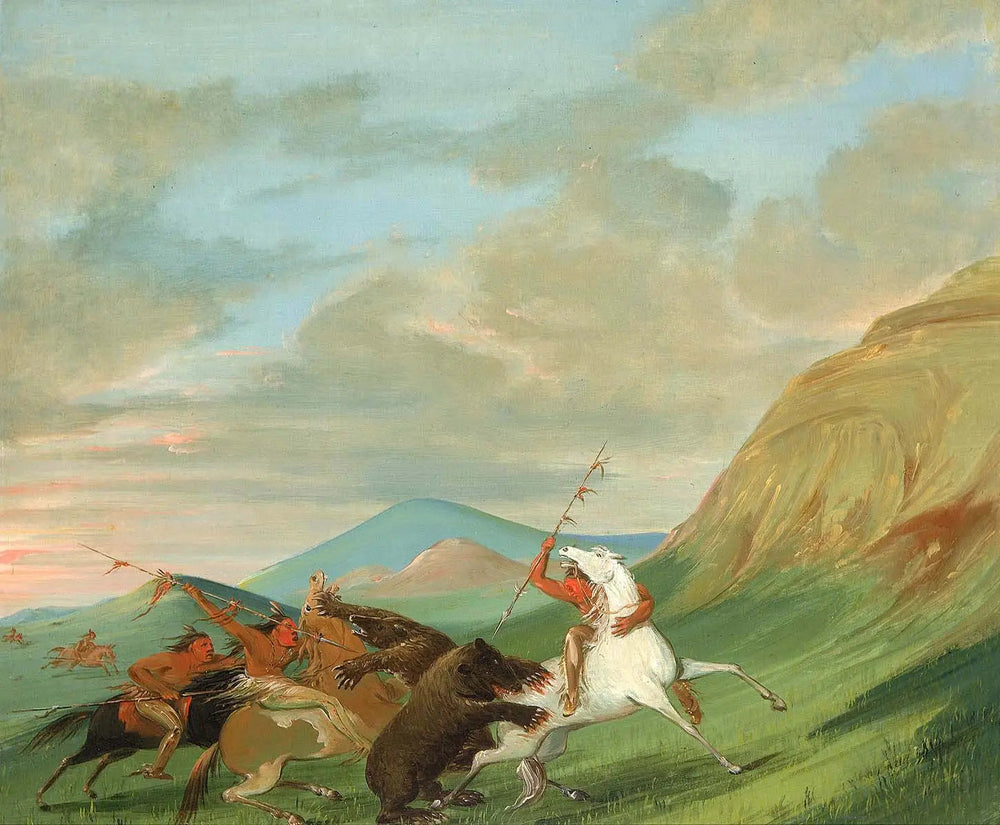 Des grizzlis attaquent des Indiens à cheval - George Catlin image 1 copie peinte à la main à l’huile