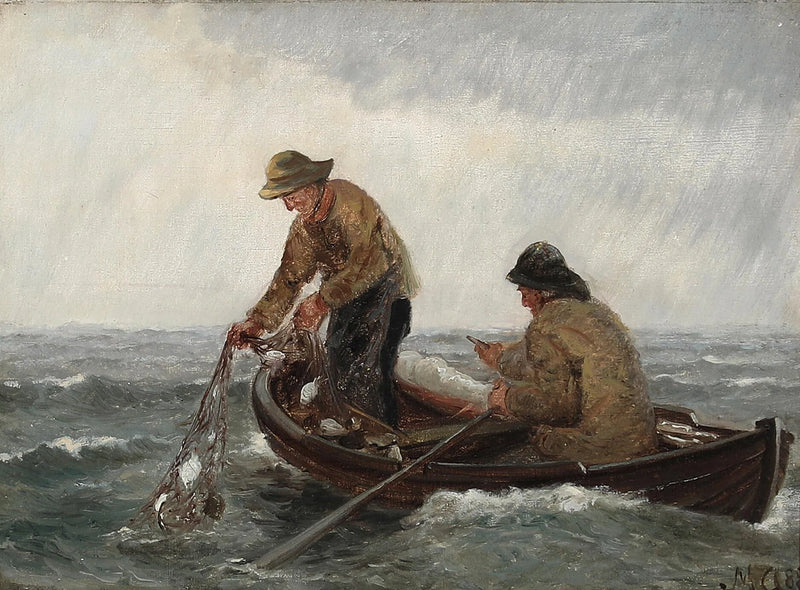Des pêcheurs dans un canot pneumatique récupèrent leurs filets. - Michael Peter Ancher