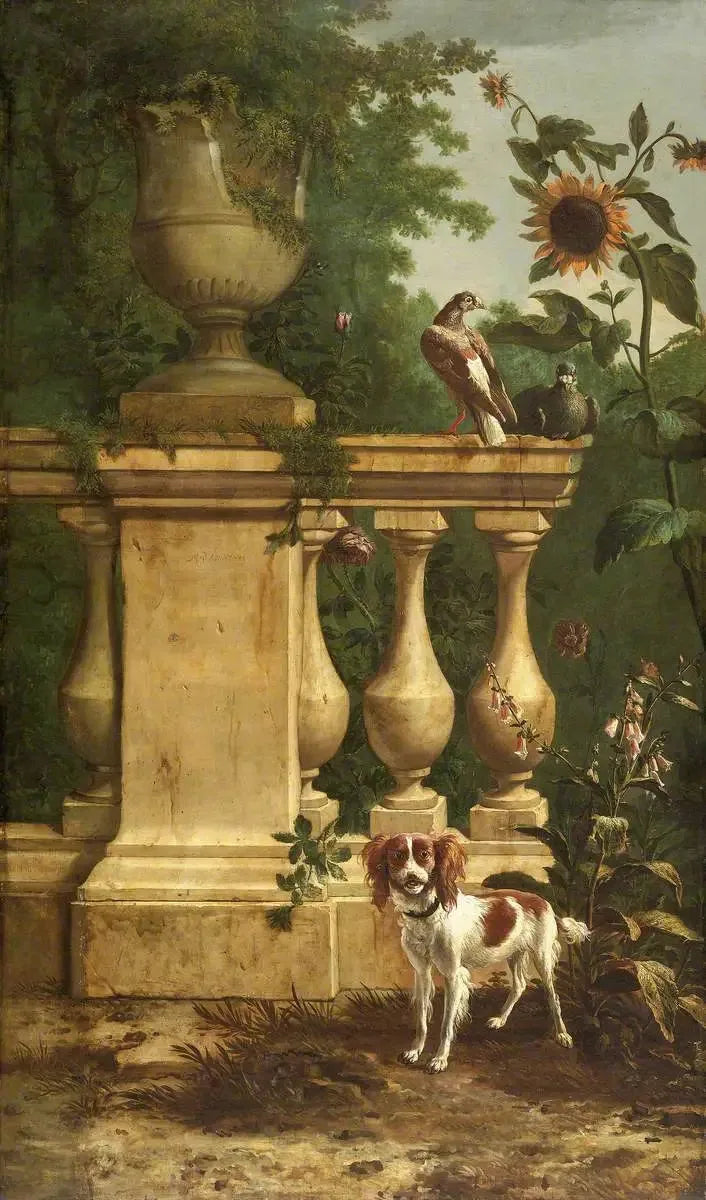 Duer og en hund i en hage - Melchior de Hondecoeter