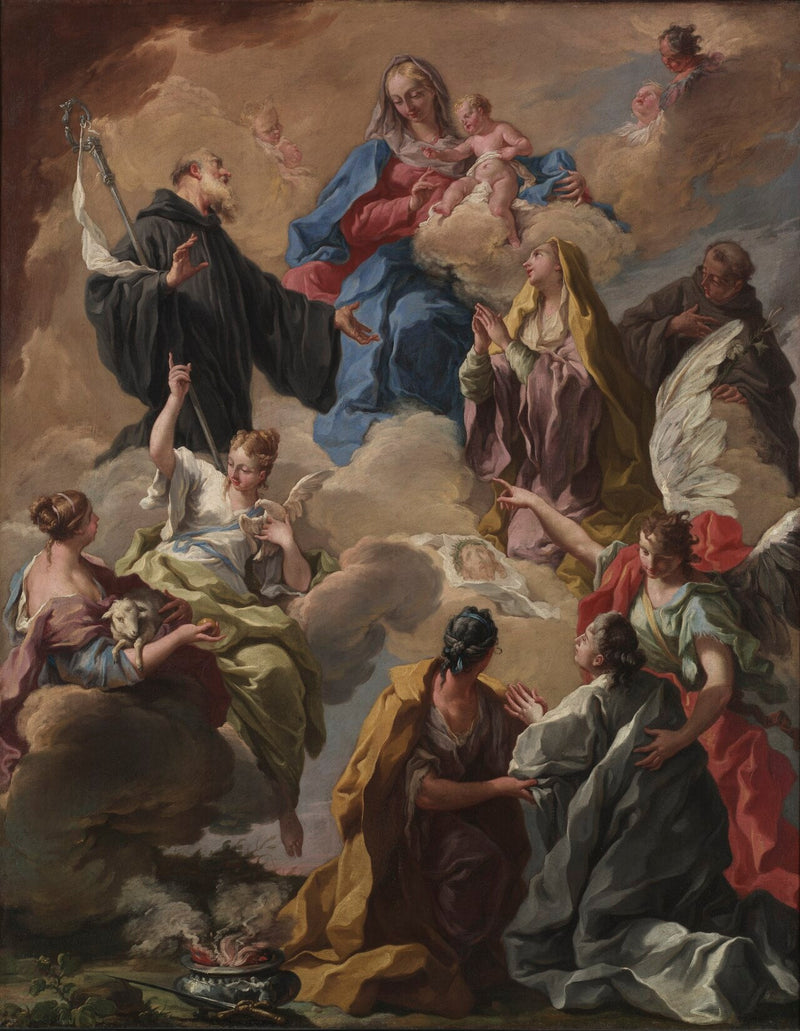 Noen helgener viser en from kvinne for Jomfruen og Barnet. - Giovanni Battista Pittoni
