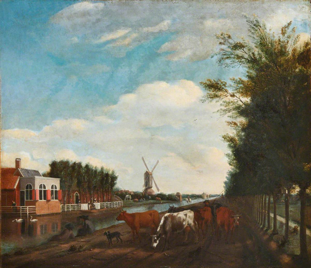 Des vaches au bord d'un canal avec deux pêcheurs - Adriaen van de Velde image 1 copie de tableau peinte à la main