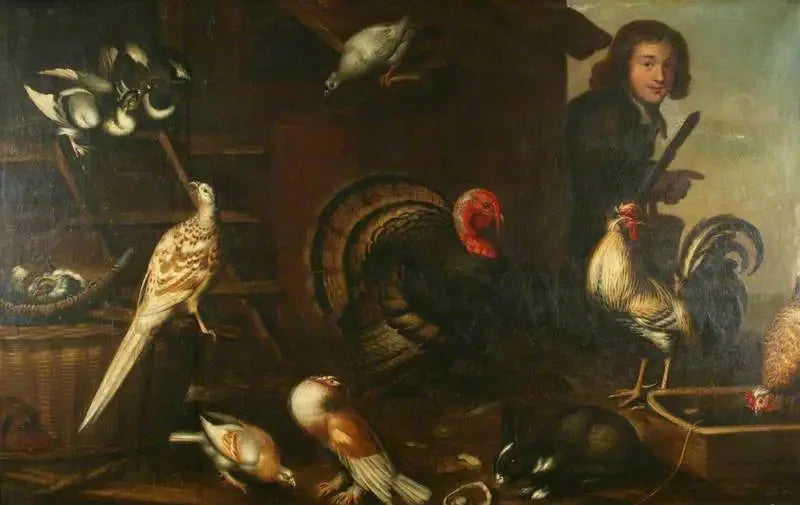 Innendørs fjærfe og en mann - Melchior de Hondecoeter