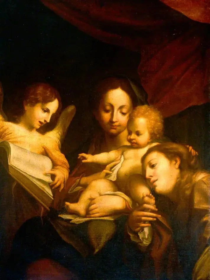 Detalj av Jomfru Maria med hellige Jerome og Maria Magdalena (Il Giorno) - Antonio da Correggio