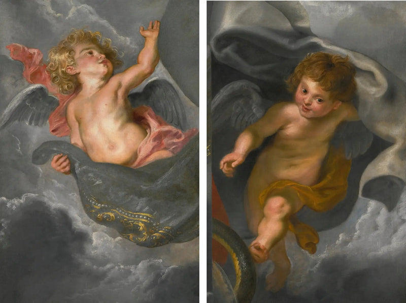 To cherubiner som holder gardiner - Peter Paul Rubens