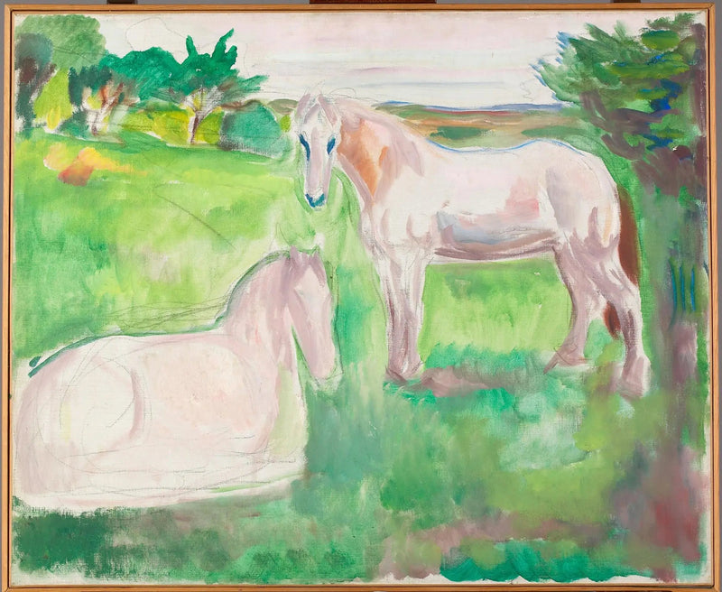 To hvite hester i en grønn eng - Edvard Munch