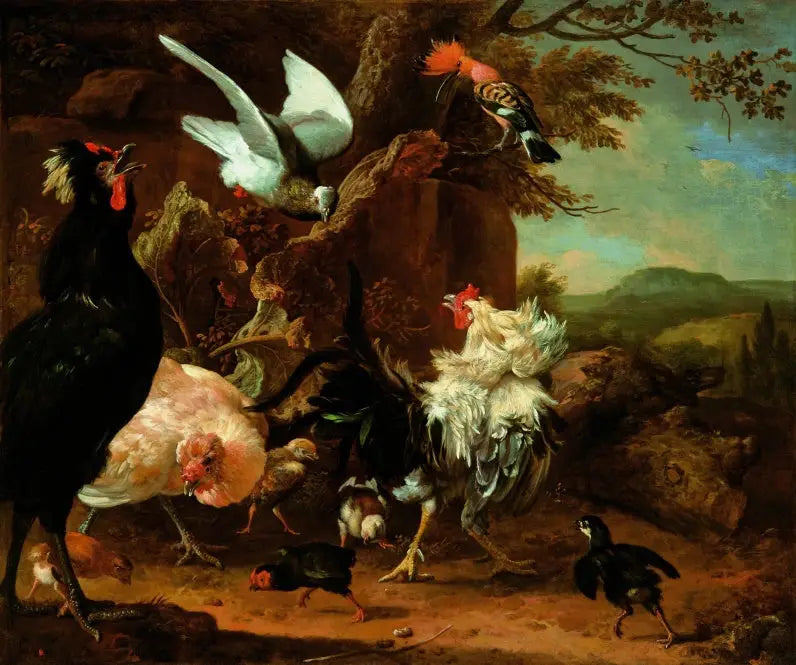 To høner, en høne og kyllinger med en due og en huppe. - Melchior de Hondecoeter