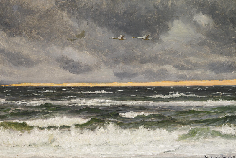 Deux cygnes survolant la mer du Nord au coucher du soleil. - Michael Peter Ancher