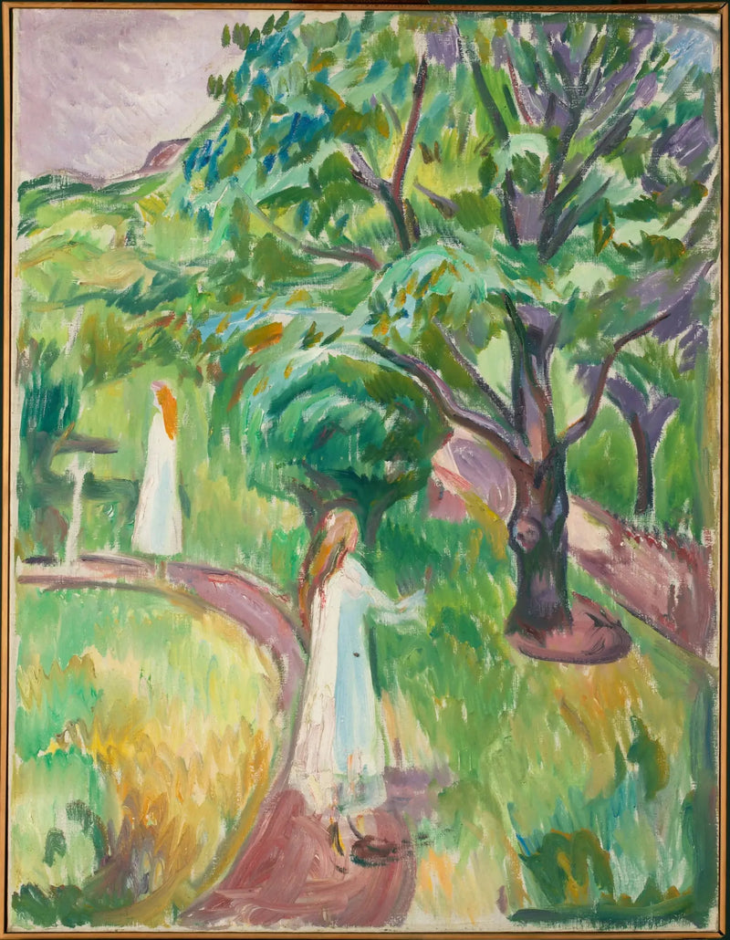 To kvinner i hvite kjoler i hagen - Edvard Munch