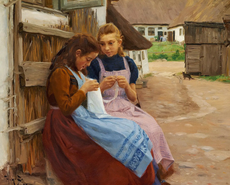 To jenter med håndarbeid sittende i gårdsplassen på en gård. - H. A. Brendekilde

Source:
Deux filles avec des travaux d'aiguille assises dans la cour d'une ferme. - H. A. Brendekilde