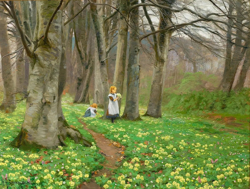 To jenter plukker blomster i en skog om våren. - H. A. Brendekilde

Source:
Deux filles cueillent des fleurs dans une forêt au printemps. - H. A. Brendekilde