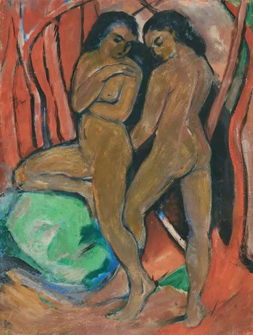 To nakne jenter stående med en grønn stein - Franz Marc