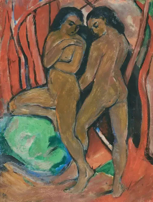 To nakne jenter stående med en grønn stein - Franz Marc