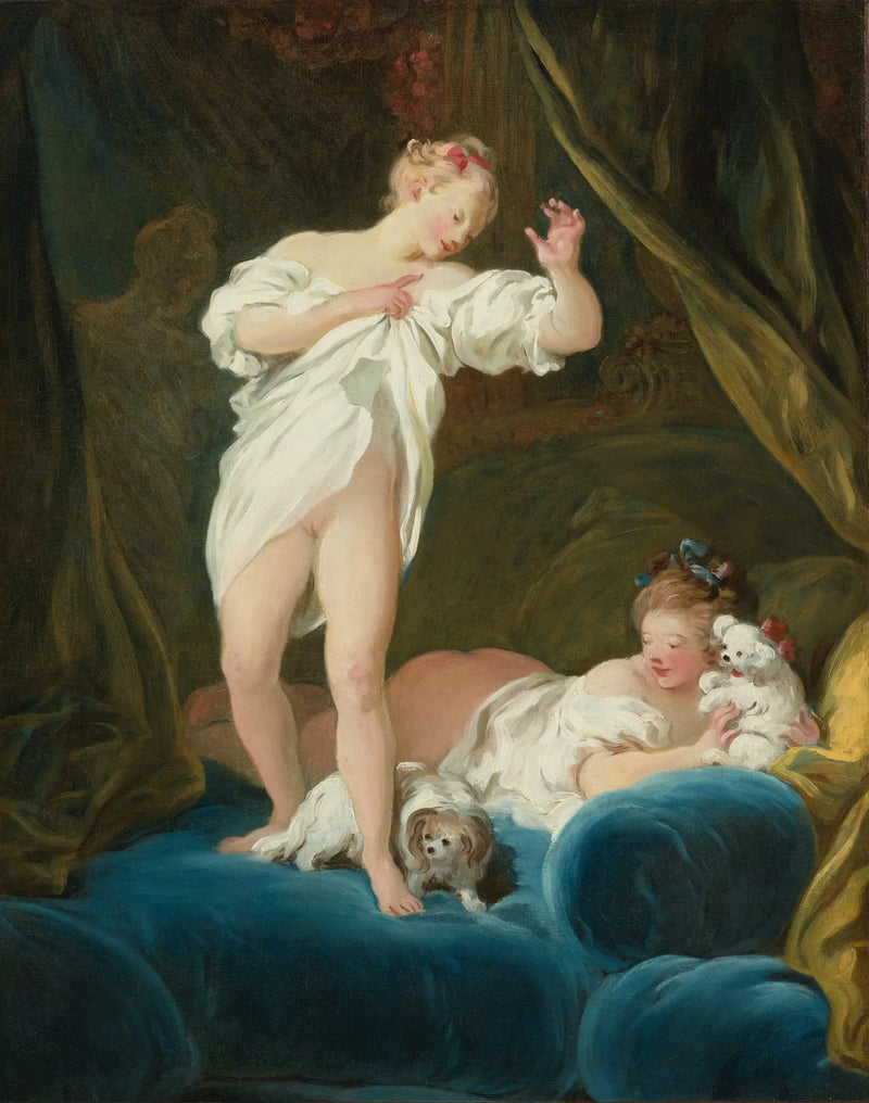 To jenter på en seng som leker med hundene sine - Jean-Honoré Fragonard