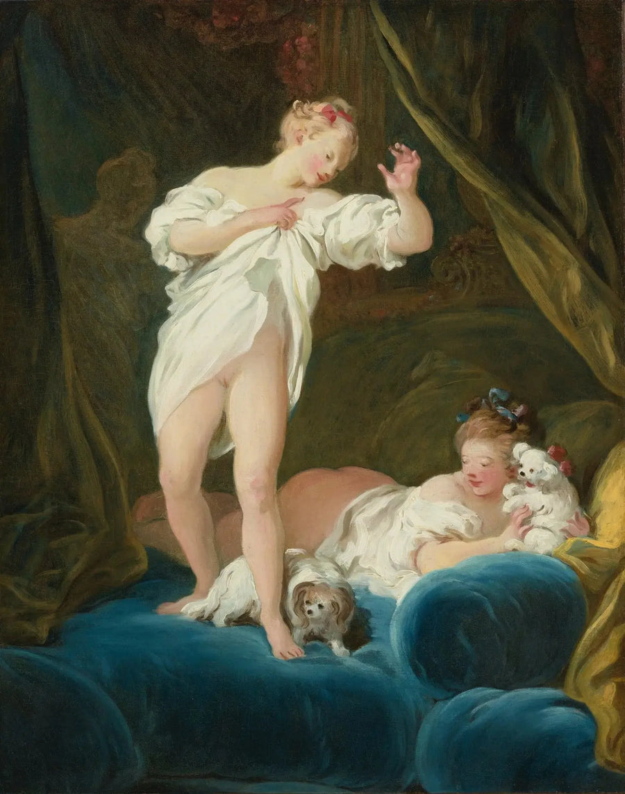 To jenter på en seng som leker med hundene sine - Jean-Honoré Fragonard