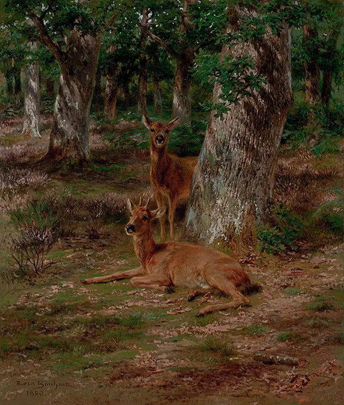 To unge hjorter i en skog - Rosa Bonheur