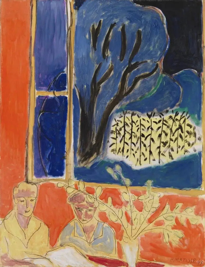 To unge jenter i et korallinteriør, blå hage (To småjenter, korallbakgrunn, blå hage) - Henri Matisse