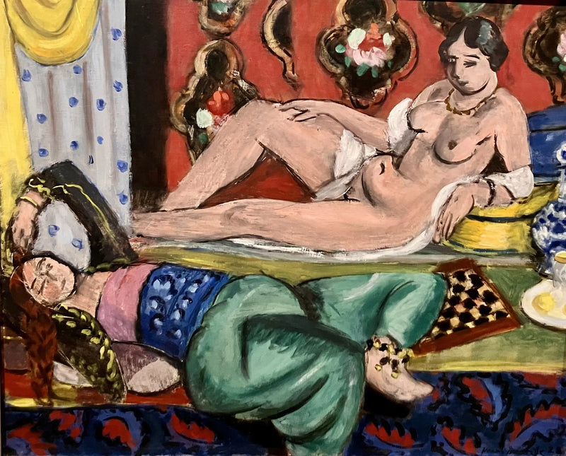 To odalisker, hvorav den ene er avkledd, ornamentalt bakgrunn og sjakkmønster - Henri Matisse