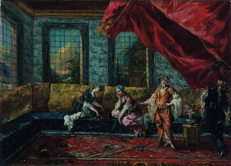 To odaliskjenter som spiller Mancala i haremet - Francesco Guardi
