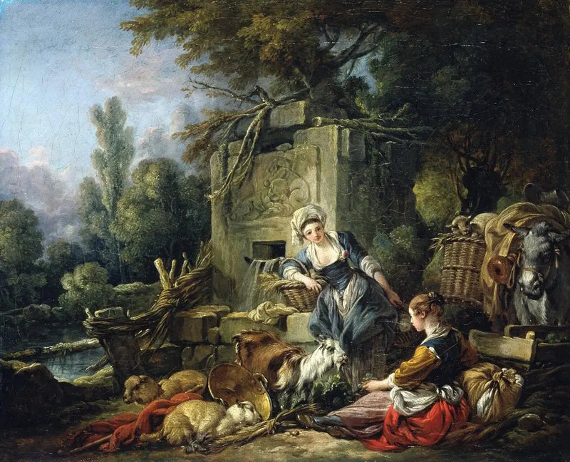 To bønderinner ved siden av en rustikk fontene - François Boucher
