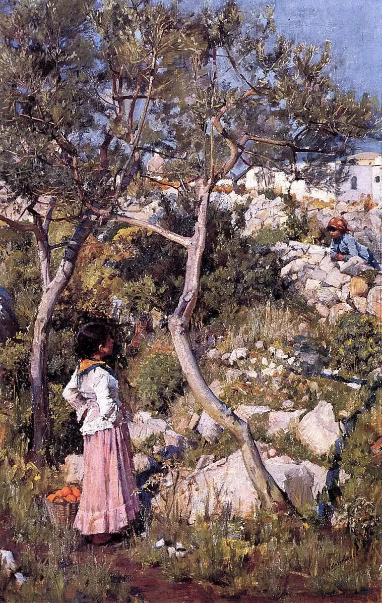 To små italienske jenter nær en landsby - John William Waterhouse