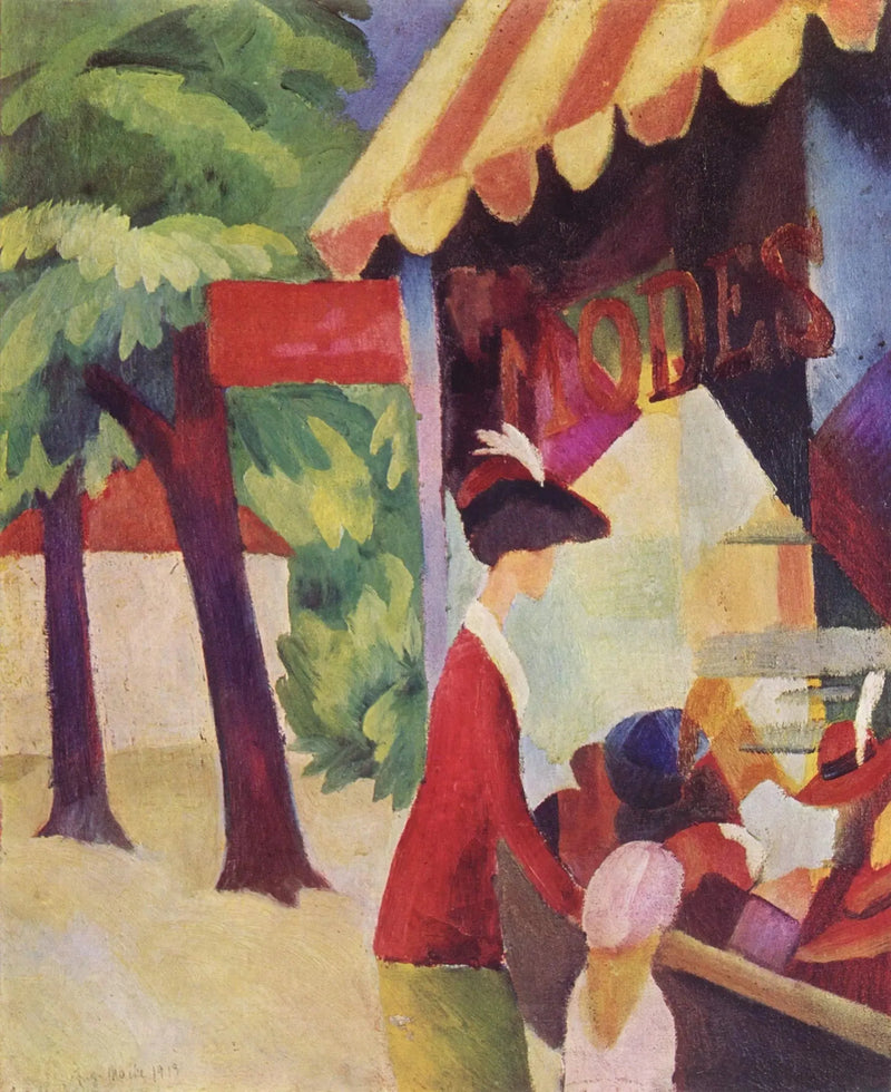 Foran hatbutikken (Kvinne med rød jakke og et barn) - August Macke