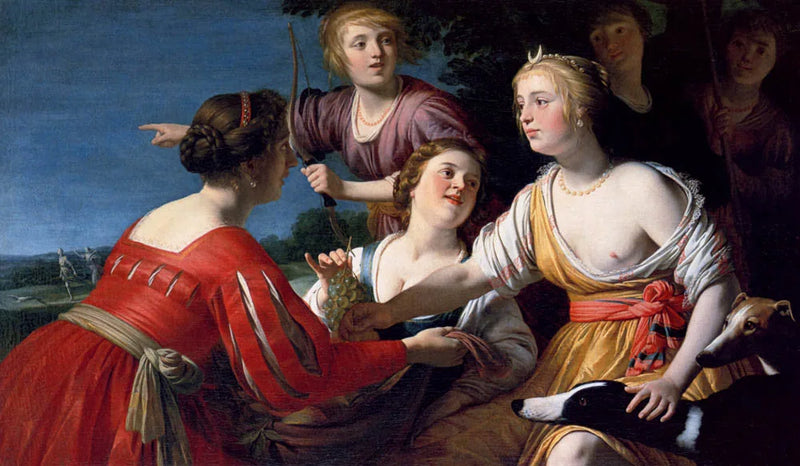 Diane som hviler etter jakten, med gjeterinner og to greyhounds, et landskap i bakgrunnen - Gerrit van Honthorst