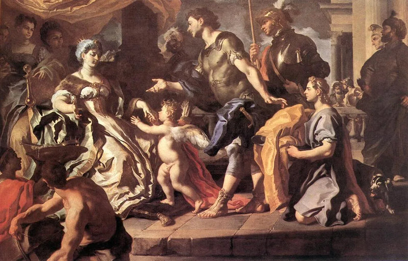 Didon mottar Aeneas og Cupido utkledd som Ascagne - Francesco Solimena