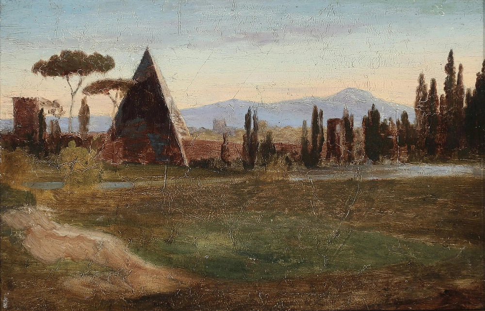 Du cimetière protestant de Rome, avec la pyramide de Cestius et les montagnes en arrière-plan. - H. A. Brendekilde image 1 reproduction d’œuvre d’art à l’huile