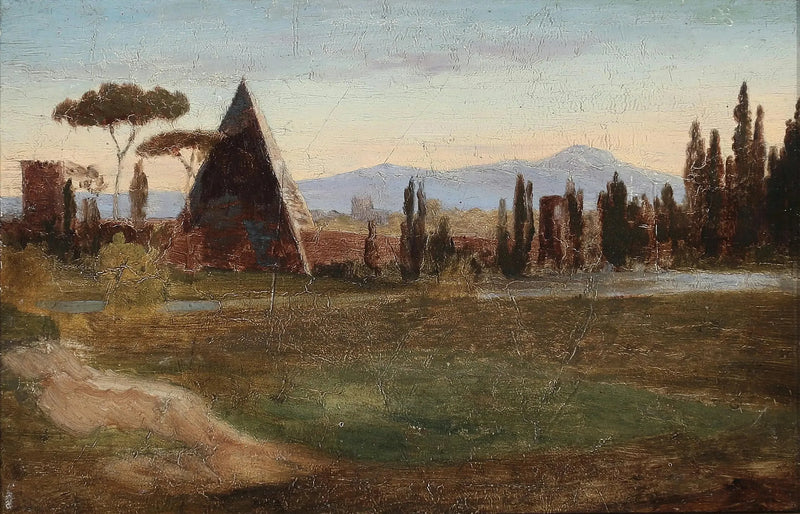 Den protestantiske kirkegården i Roma, med Cestius-pyramiden og fjellene i bakgrunnen. - H. A. Brendekilde

Source:
Du cimetière protestant de Rome, avec la pyramide de Cestius et les montagnes en arrière-plan. - H. A. Brendekilde