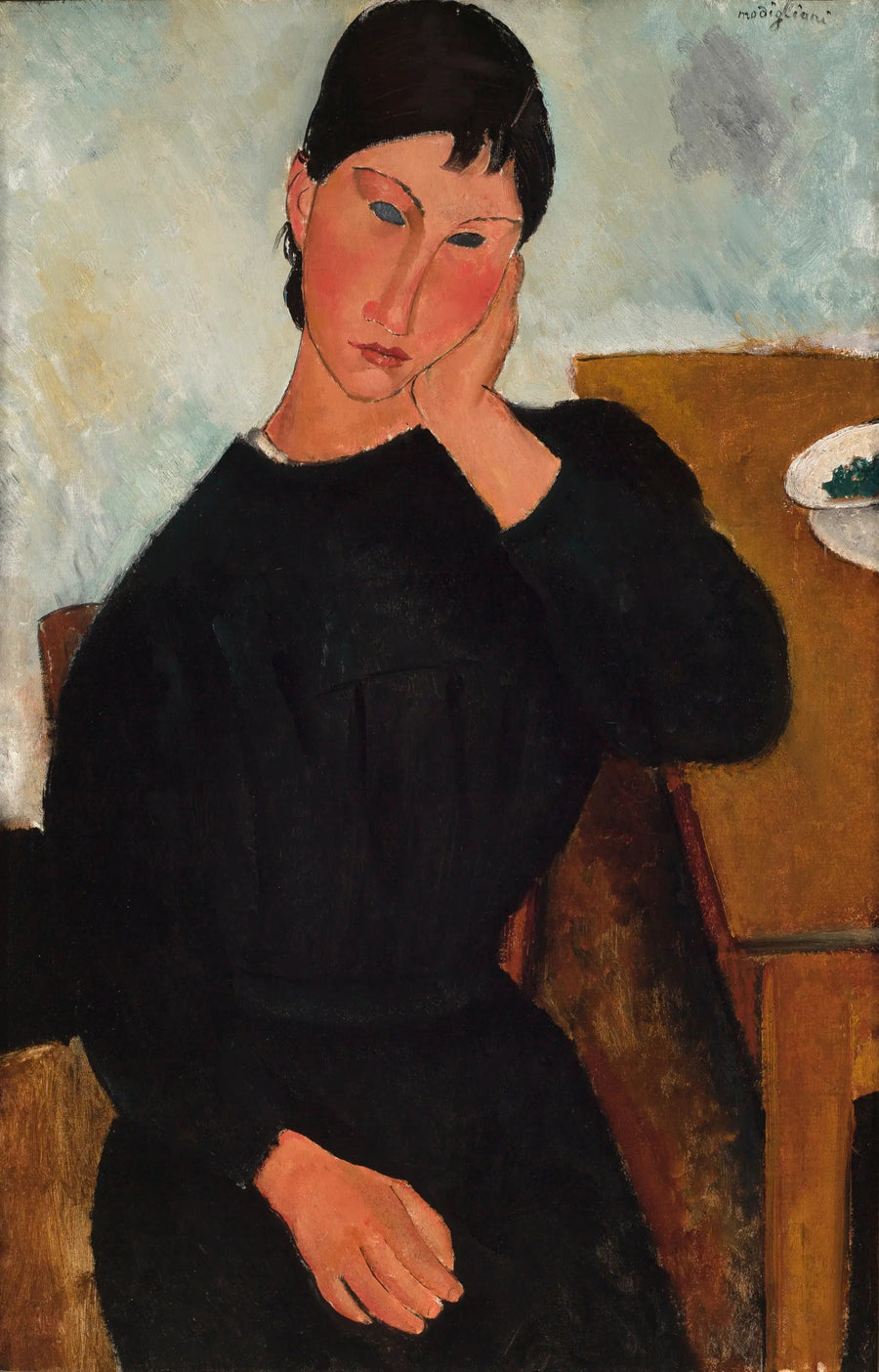 Elvire sittende, støttet mot et bord - Amedeo Modigliani