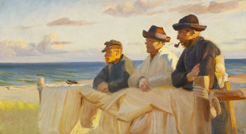 En fin de journée, trois pêcheurs profitent des derniers rayons du soleil. - Michael Peter Ancher