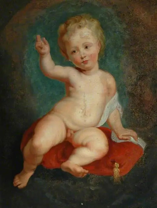 Barn som sitter på en rød pute - Peter Paul Rubens